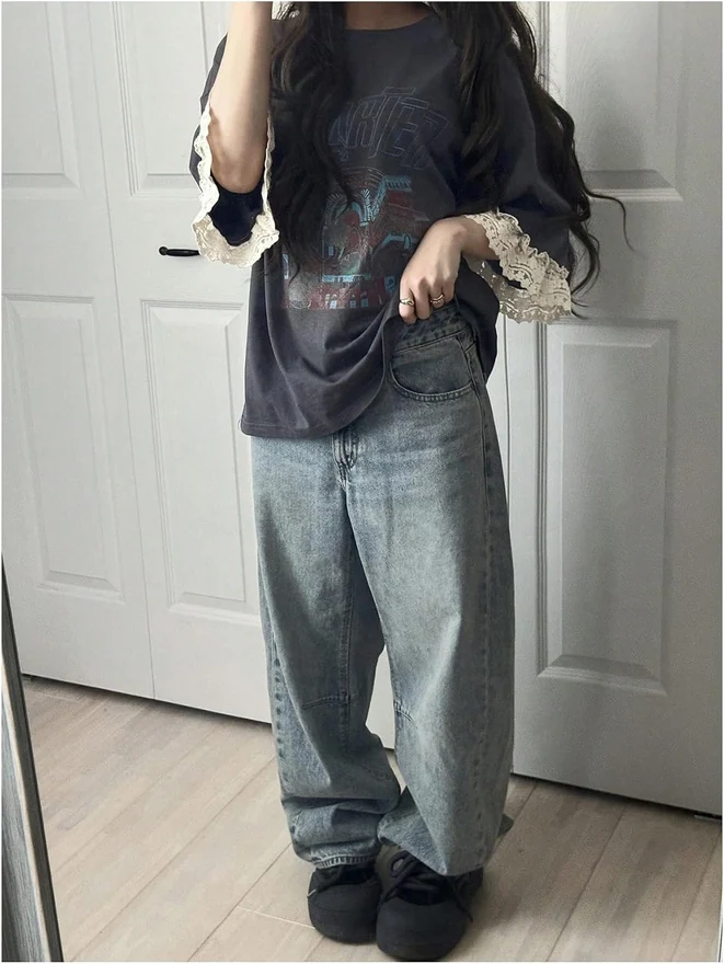 Y2K Graphic Tees Letter Print Lace Trim Short Sleeve Crew Neck by OYOANGLE, photograph 4 of 4