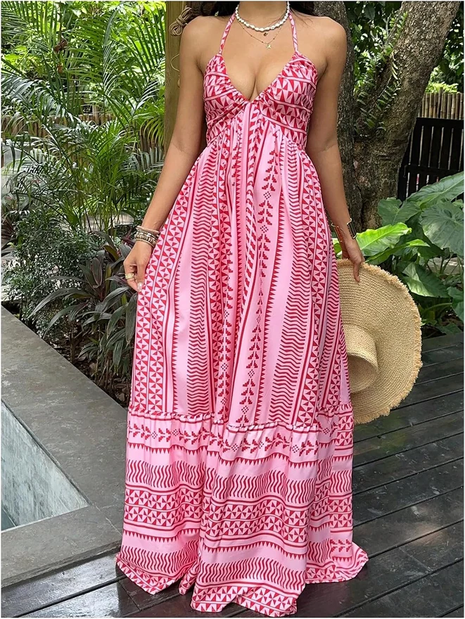 Summer Boho Maxi Dress Flowy Halter Dresses Sundress Pink by OYOANGLE