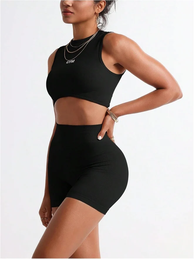 2 Piece Workout Sets Letter Print Crop Tank Top and High Waisted by OYOANGLE, photograph 4 of 4