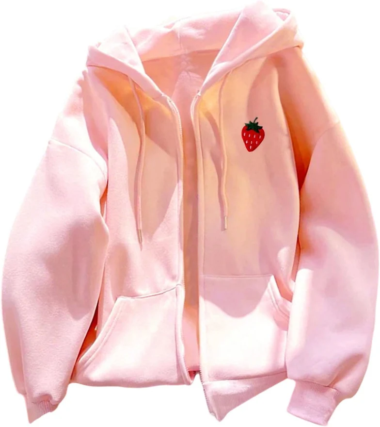 Strawberry Embroidered Zip Up Hoodies Oversized Long Sleeve by OYOANGLE