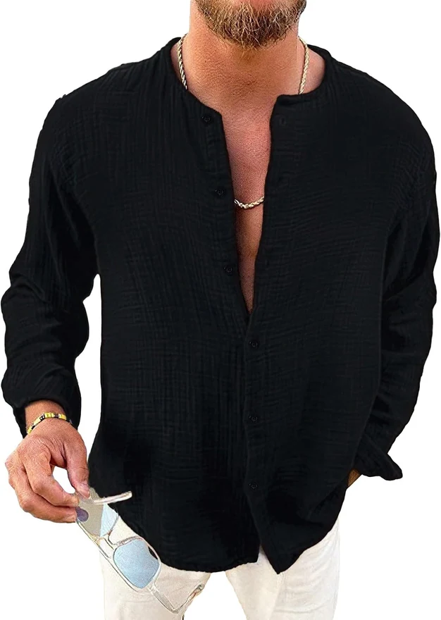 Long Sleeve Button Down Shirts Crew Neck Basic Solid Shirt by OYOANGLE