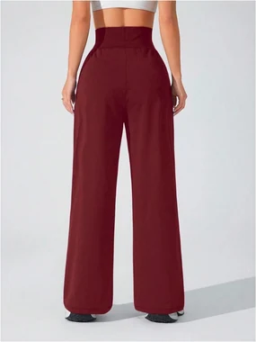 Wide Leg Yoga Pants Cinched High Waist Lounge Sweatpants in Burgundy