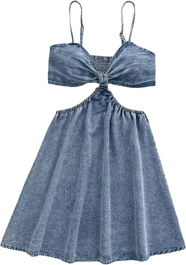 Cut Out Denim Dress Spaghetti Strap Short Jean Dresses by OYOANGLE