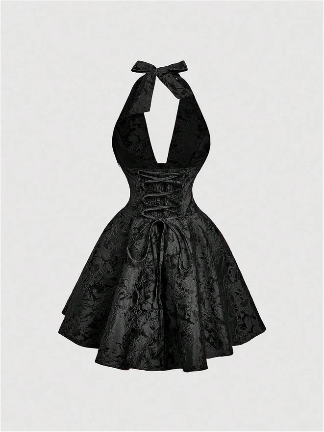 Floral Jacquard Halter Bow Mini Dress Black by OYOANGLE, photograph 2 of 4