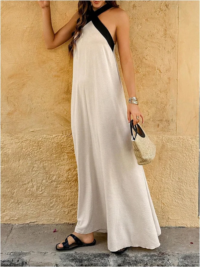 Color Block Criss Cross Sleeveless Flowy Maxi Dress Khaki by OYOANGLE, photograph 3 of 3