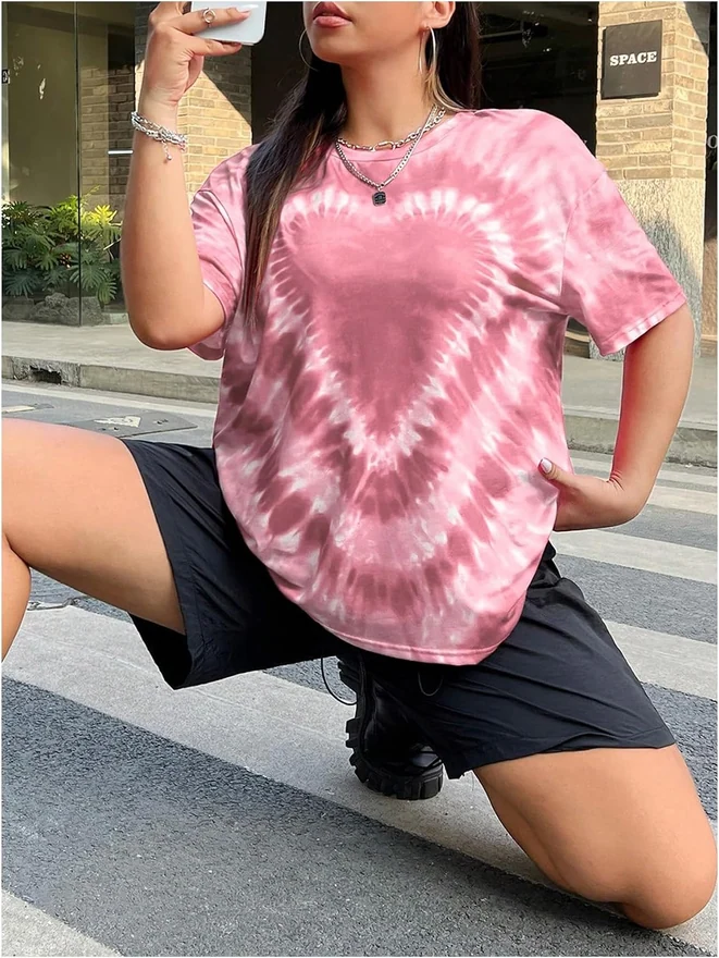 Plus Size Tie Dye Heart Graphic T Shirt Short Sleeve Crew Neck by OYOANGLE, photograph 4 of 4