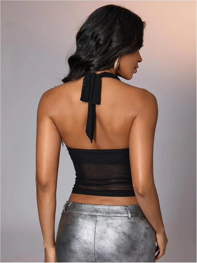 Mesh Halter Crop Top Sexy Backless Cowl Neck Ruched Y2K Going by OYOANGLE, photograph 2 of 2