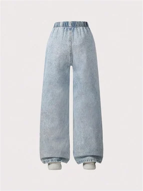 Girl's Star Wide Leg Baggy Jeans Y2K Elastic Waist Denim Pants in Light Wash