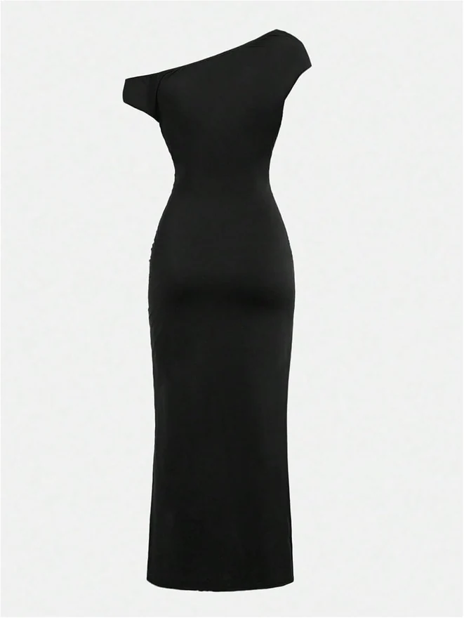 Girl's Off The Shoulder Ruched Side Slit Bodycon Long Dresses by OYOANGLE, photograph 2 of 3