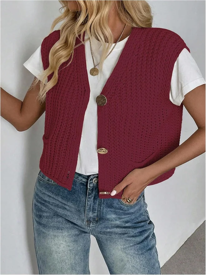 Button Up Chunky Sweater Vest Sleeveless V Neck Knitwear by OYOANGLE, photograph 2 of 4