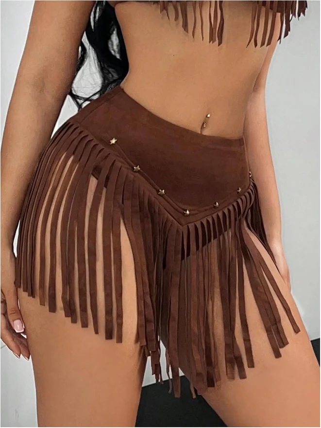 Suede Fringe Western Cowgirl Mini Skirt Brown by OYOANGLE, photograph 3 of 4