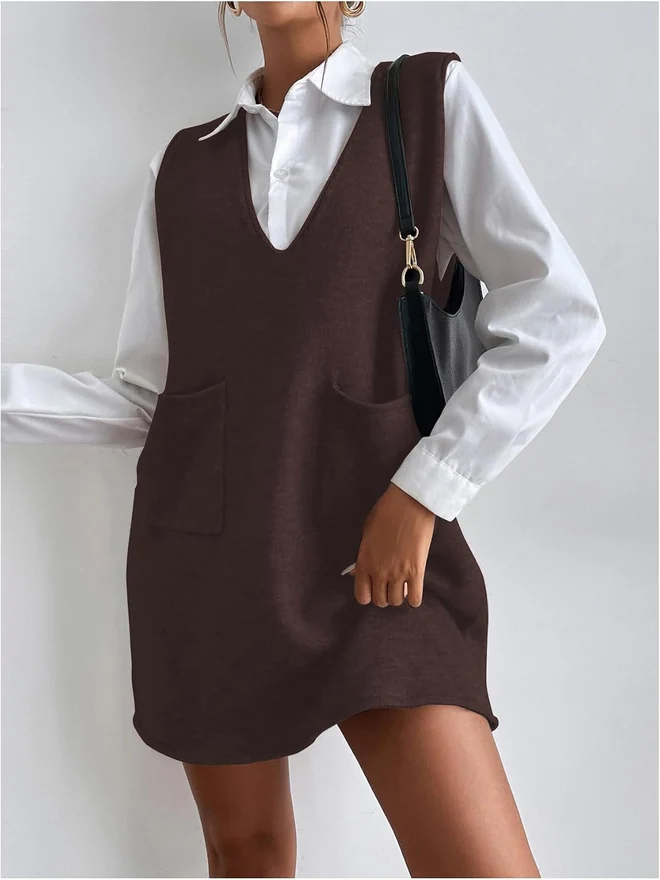 V Neck Sweater Vest Dress Sleeveless Fall Overall Dress by OYOANGLE, photograph 2 of 3