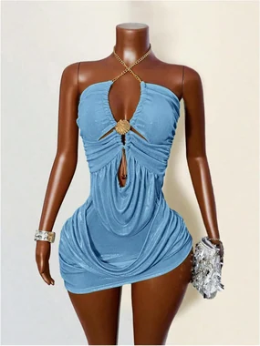 Glitter Criss Cross Halter Mini Bodycon Party Cami Dress in Blue