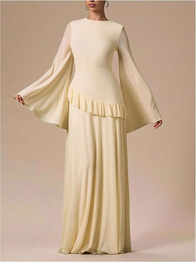 Long Sleeve Maxi Dresses for Women Fall Mesh Wedding Guest by OYOANGLE, photograph 2 of 3