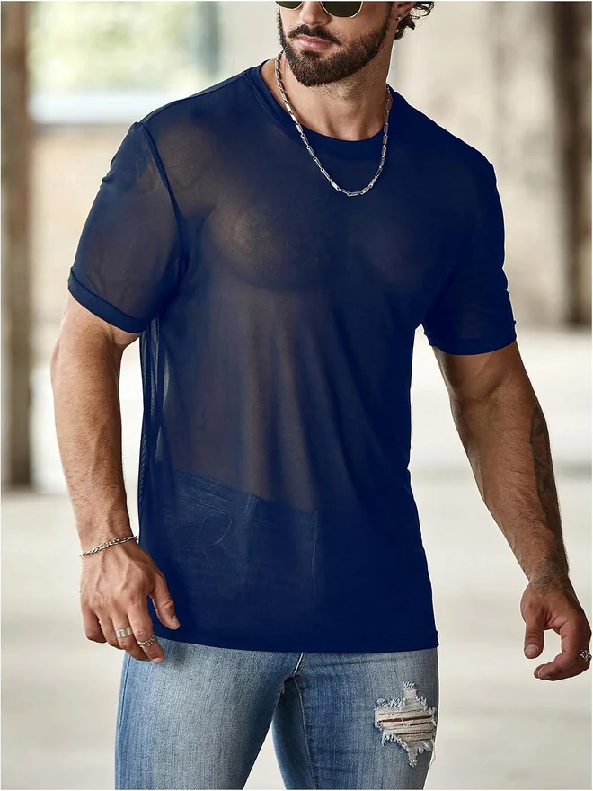 Sheer Mesh Short Sleeve Round Neck T-Shirts Deep Blue by OYOANGLE, photograph 4 of 4