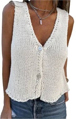 Button Up Crochet Sweater Vest Deep V Neck Sleeveless Knitwear in White