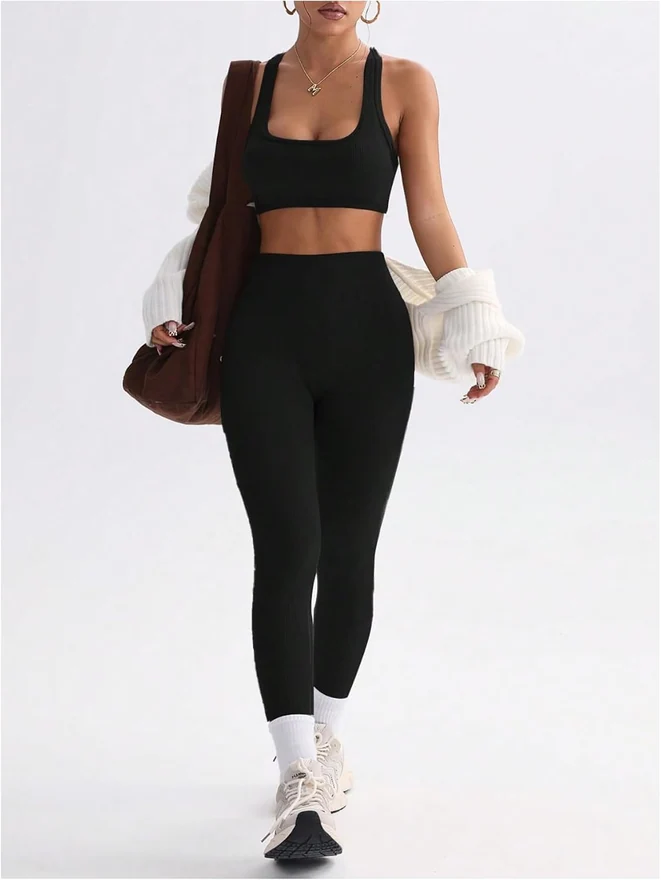 Workout Sets 2 Piece Cross Back Sports Bra Tank Top Gym Outfits by OYOANGLE, photograph 2 of 3