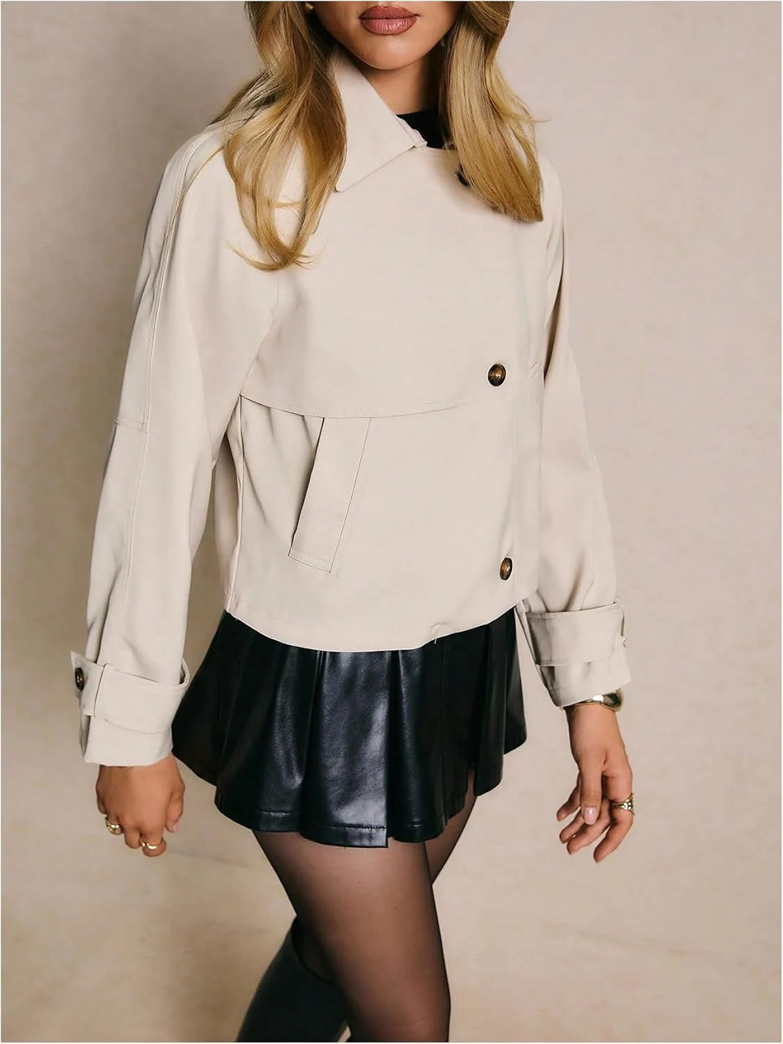Cropped Trench Coat Long Sleeve Collared Jacket by OYOANGLE, photograph 1 of 3