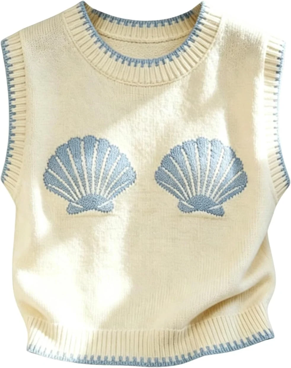 Seashell Sleeveless Crew Neck Sweater Vest Light Yellow by OYOANGLE, photograph 1 of 4