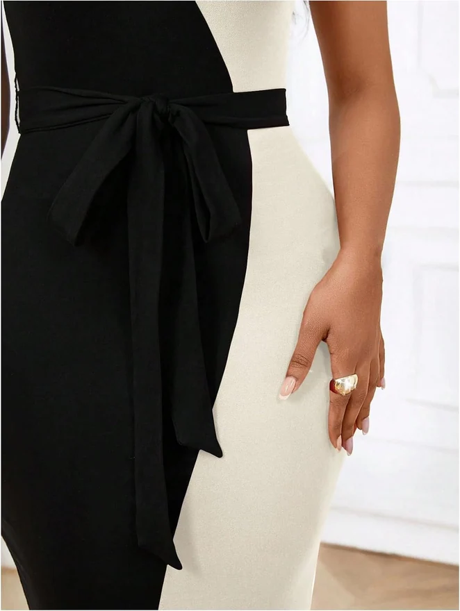 Color Block Bodycon Midi Dress Cutout Slit Thigh Dress by OYOANGLE, photograph 3 of 3