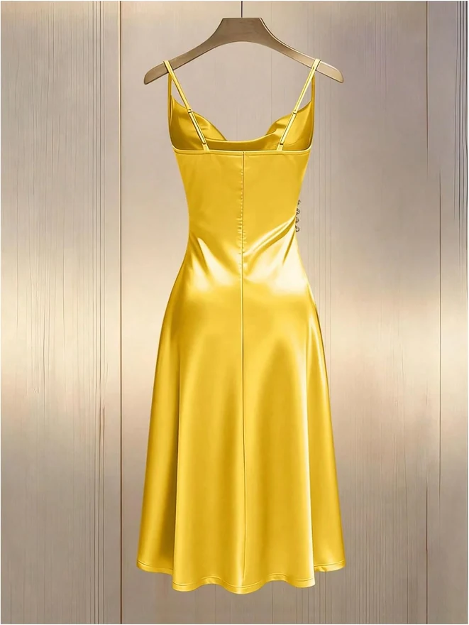 Satin Spaghetti Strap Midi Wedding Dress Elegant Cowl Neck Side by OYOANGLE, photograph 2 of 3
