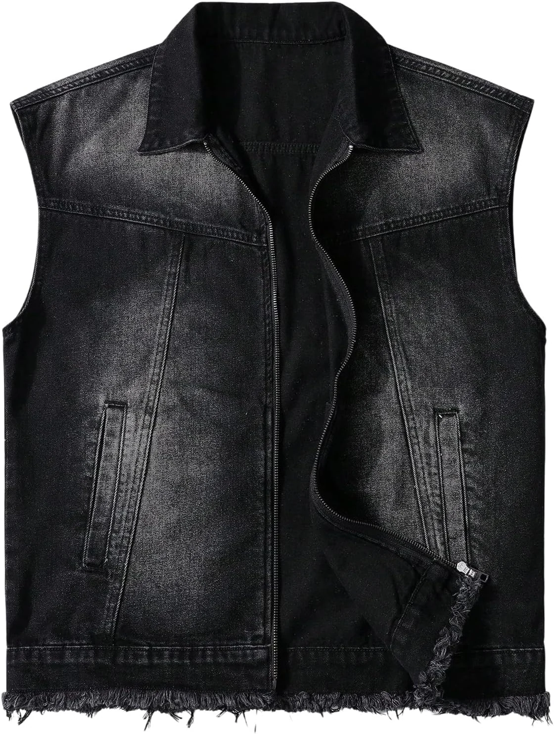 Zip Up Sleeveless Denim Jacket Frayed Raw Hem Jean Jackets by OYOANGLE, photograph 1 of 4