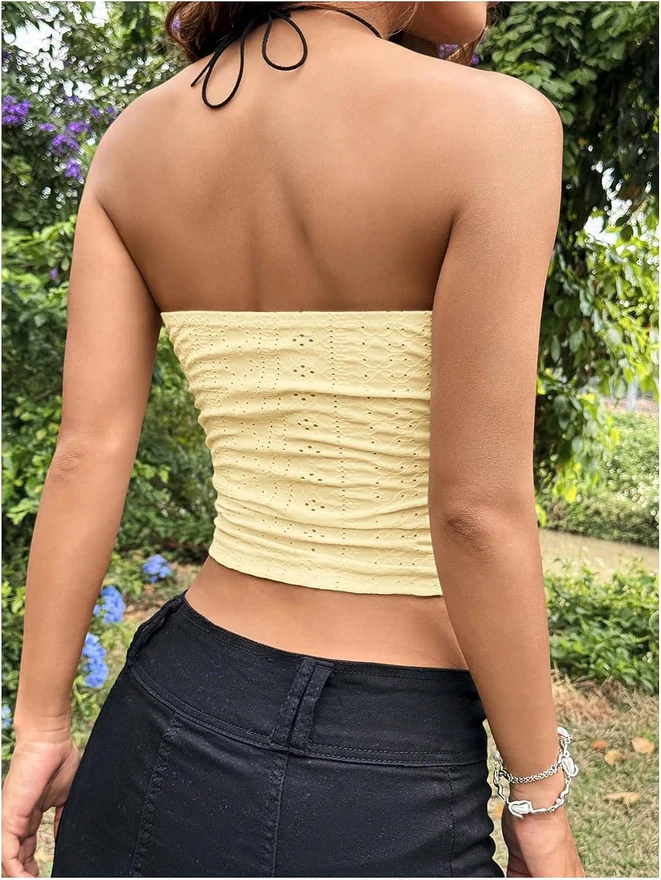 Eyelet Embroidered Tube Top Strapless Ruched Slim Fit Y2K Crop by OYOANGLE, photograph 3 of 4