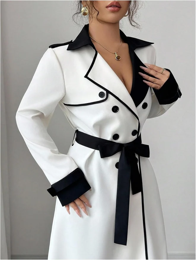 Double-Breasted Coat Lapel Neck Long Trench Coat with Belt White by OYOANGLE, photograph 3 of 3