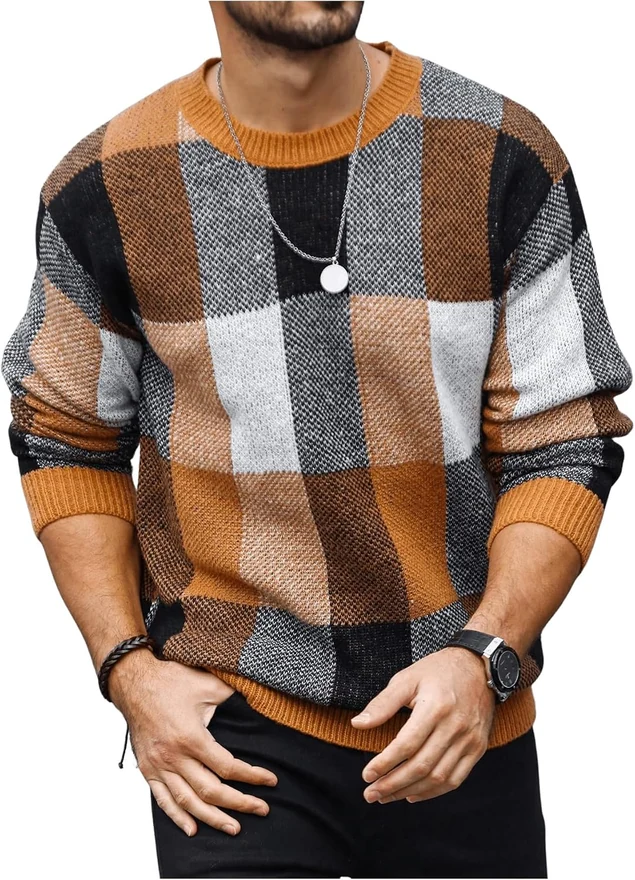 Colorblock Plaid Long Sleeve Crew Neck Sweater Pullover Tops by OYOANGLE