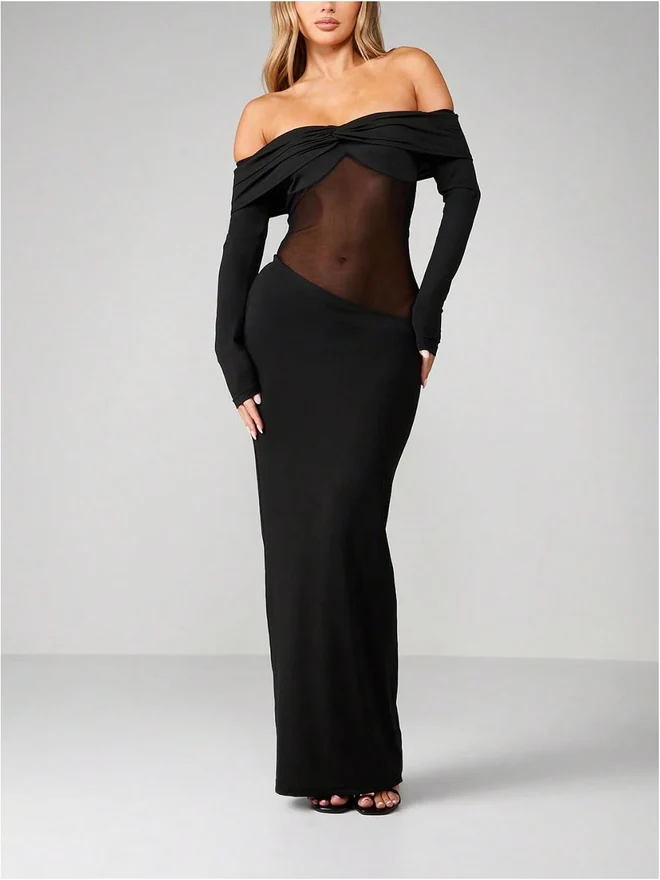 Off The Shoulder Mesh Maxi Dress Sexy Sheer Long Dresses by OYOANGLE, photograph 2 of 3