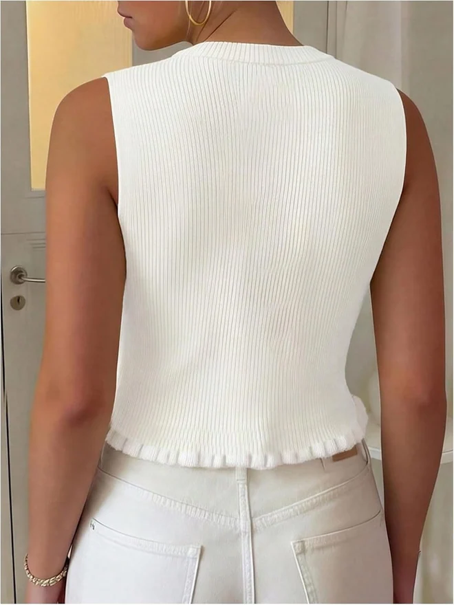 Button Up Sweater Vest Tank Top Sleeveless Cardigan White by OYOANGLE, photograph 3 of 4