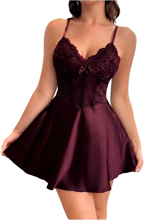 Floral Lace Satin Slip Dress Corset Mini Nightgowns Maroon by OYOANGLE