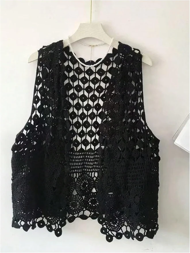 Hollow Out Crochet Sweater Vest Open Front Sleeveless Tops by OYOANGLE, photograph 4 of 4