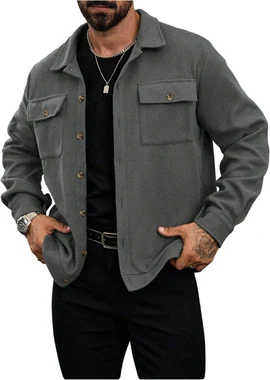 Long Sleeve Button Up Jacket Collared Neck Fall Shacket Coats in Grey