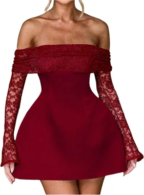 Floral Lace Off The Shoulder Dress Cocktail Mini Dresses White in Burgundy