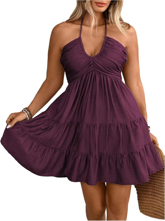 Plus Size Sleeveless Ruched Short Sundress A Line Dress by OYOANGLE