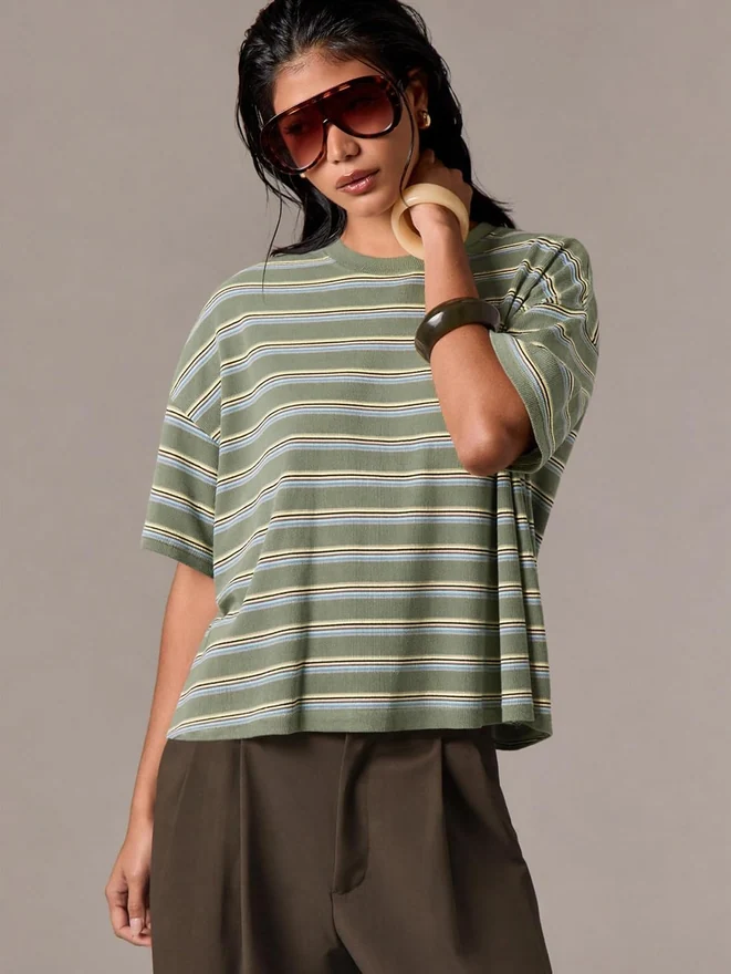 Oversized Striped T Shirts Ribbed Knit Y2k Going Out Tops by OYOANGLE, photograph 3 of 4