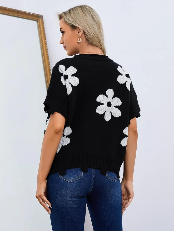 Floral Print Pearl Decor Short Sleeve Sweater Vest Knitted Round by OYOANGLE