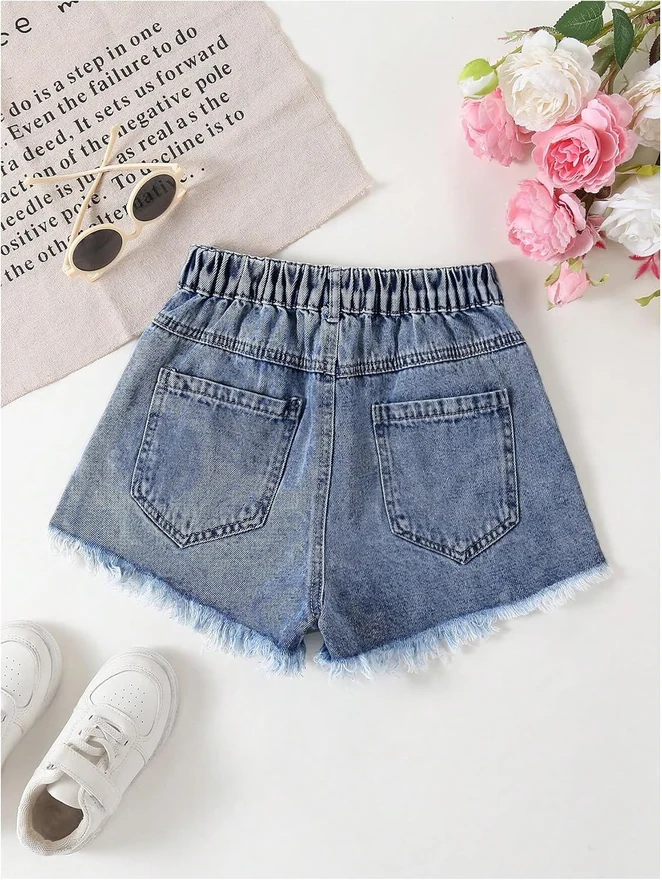 Girl's Ripped Denim Shorts Mid Rise Frayed Raw Hem Jean Shorts by OYOANGLE, photograph 3 of 4