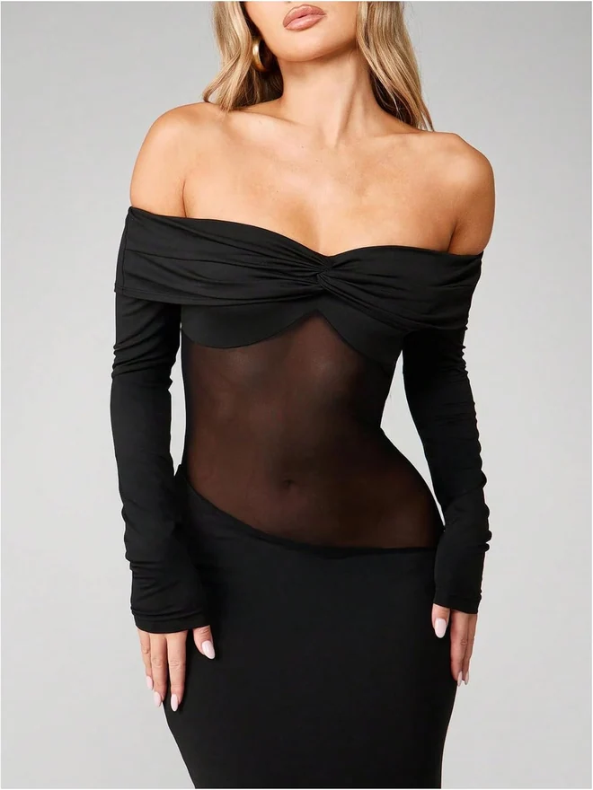 Off The Shoulder Mesh Maxi Dress Sexy Sheer Long Dresses by OYOANGLE, photograph 3 of 3
