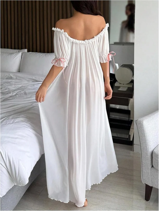 Off The Shoulder Sheer Nightgowns Puff Sleeve Sleep Dress by OYOANGLE