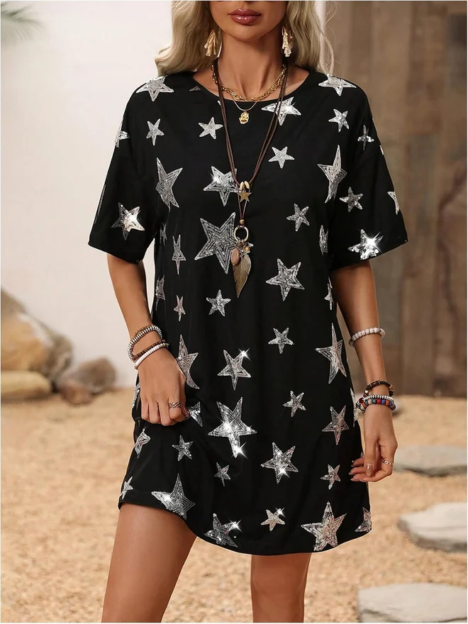 Sequin Star Sparkly Summer Short Sleeve Dress Concert Outfit by OYOANGLE