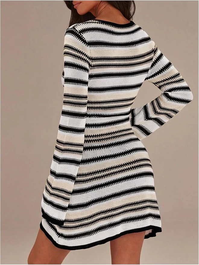Striped Knit Mini Dress Bell Long Sleeve Crew Neck A Line by OYOANGLE, photograph 3 of 3