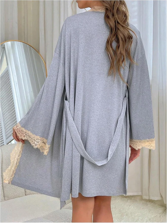 2 Piece Robe Set Lace Trim Cami Nightgown and Long Sleeve Kimono by OYOANGLE, photograph 2 of 4