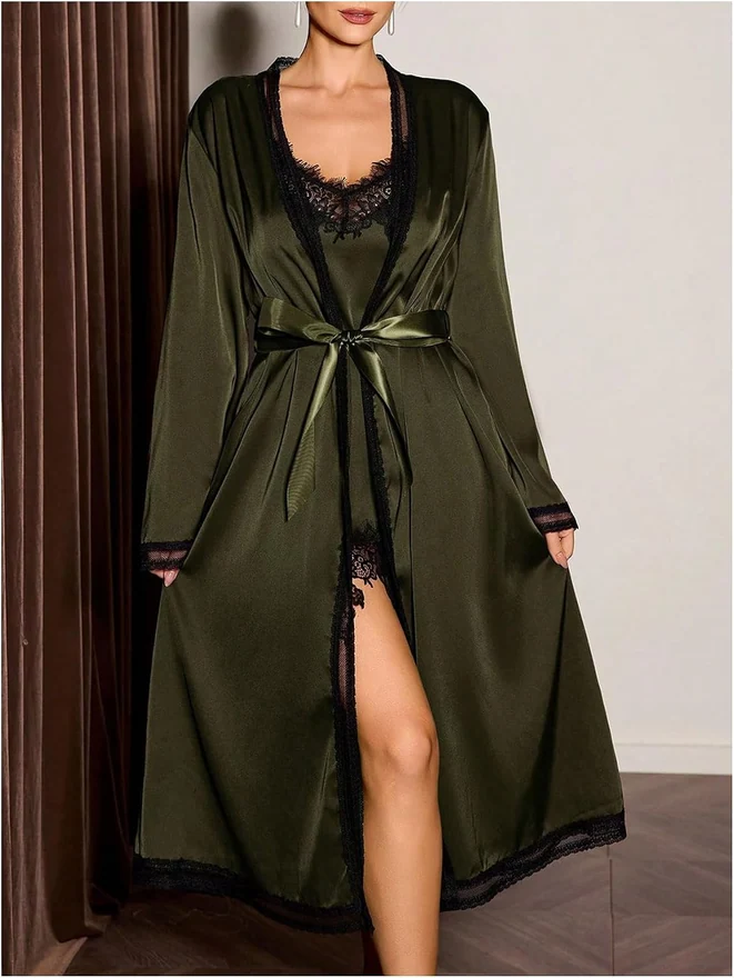 2 Piece Silky Satin Nightgown Spaghetti Strap Lace Slip Dress by OYOANGLE, photograph 2 of 4