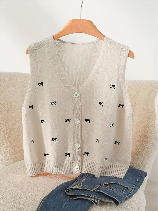 Plus Size Bow Sweater Vest Lightweight Sweater Tops by OYOANGLE