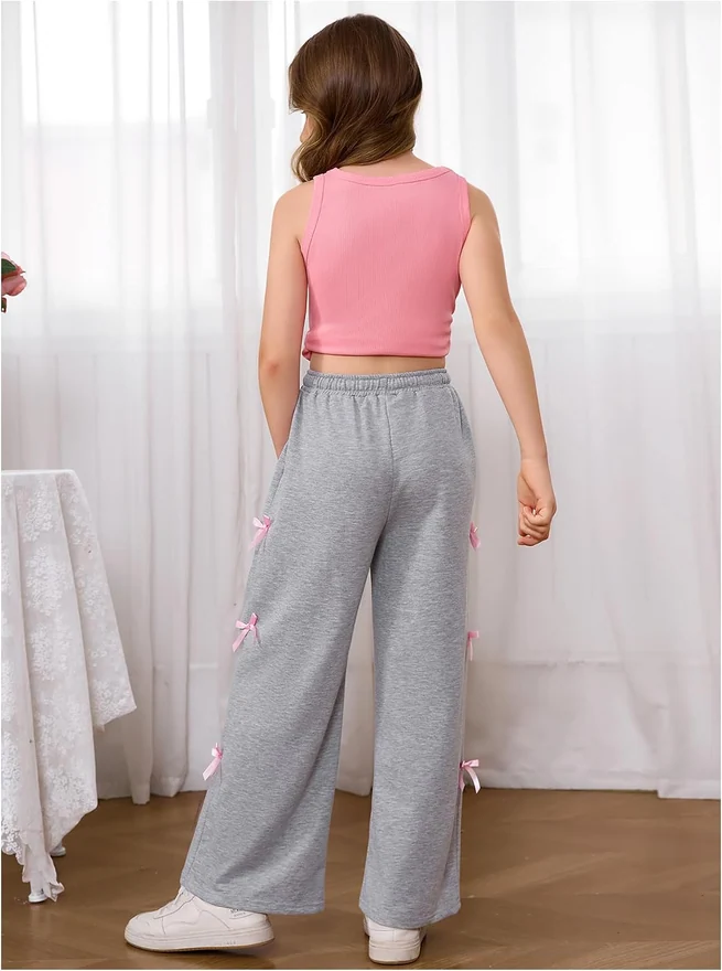 Girl's Drawstring Waist Bow Sweatpants Y2K Wide Leg Trousers by OYOANGLE, photograph 4 of 4