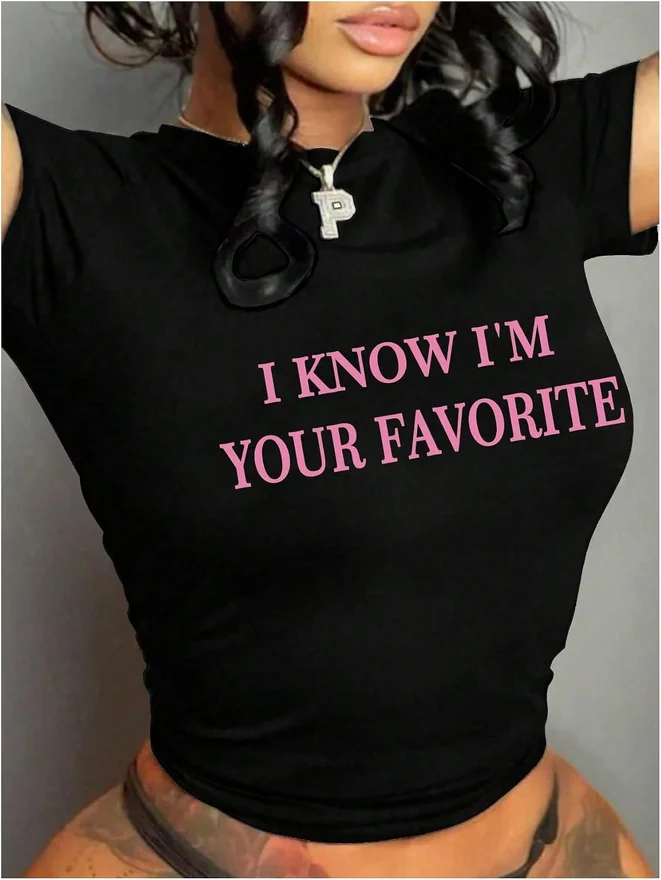 Plus Size Y2K Graphic Short Sleeve Cropped Tees Black by OYOANGLE, photograph 3 of 4