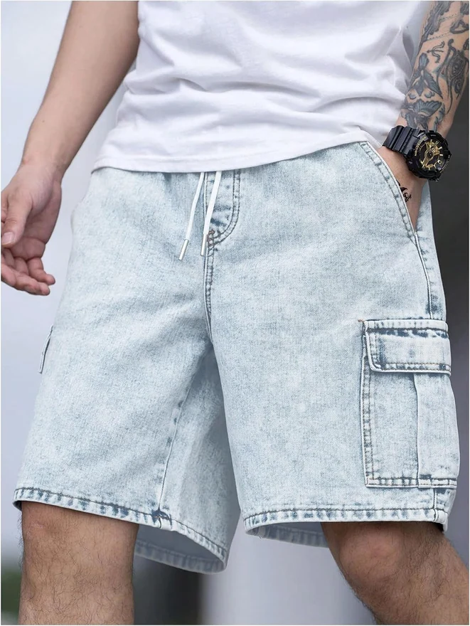 Drawstring Waist Cargo Jean Denim Shorts with Flap Pockets by OYOANGLE