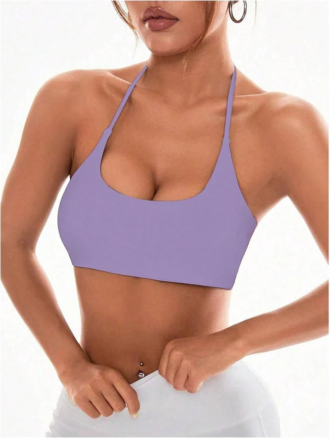 Halter Sports Bra Padded Workout Backless Yoga Bras Purple by OYOANGLE, photograph 2 of 4